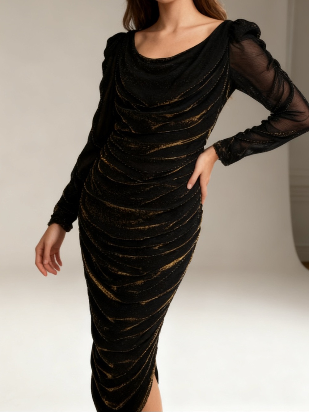Vintage 80s , New Leaf by Samir gold and black ruched dress